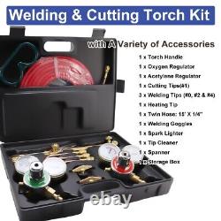 Oxygen Acetylene Gas Cutting Torch Regulator Welding Kit With15' Hose Glasses Case